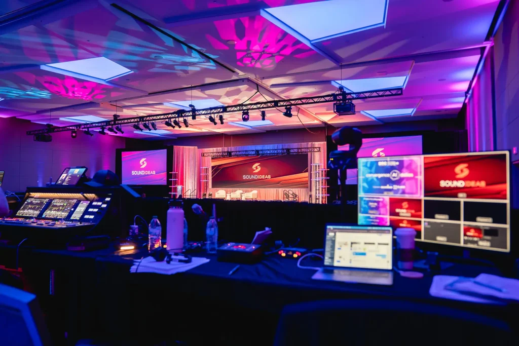 Production control room overseeing a corporate event stage setup by a Dallas AV production company for a conference and live event production.