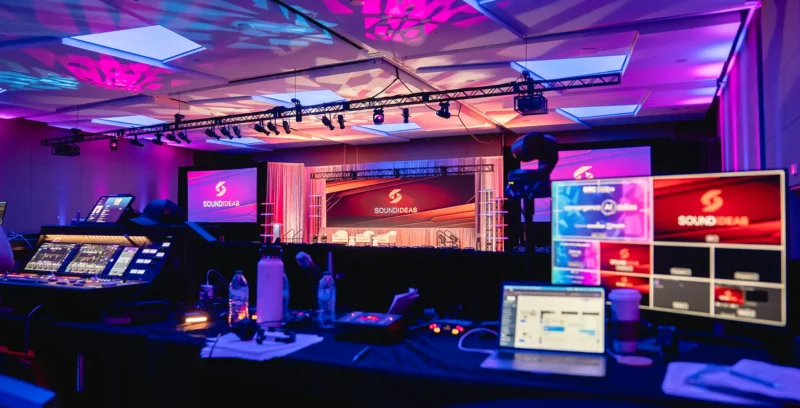 Production control room overseeing a corporate event stage setup by a Dallas AV production company for a conference and live event production.