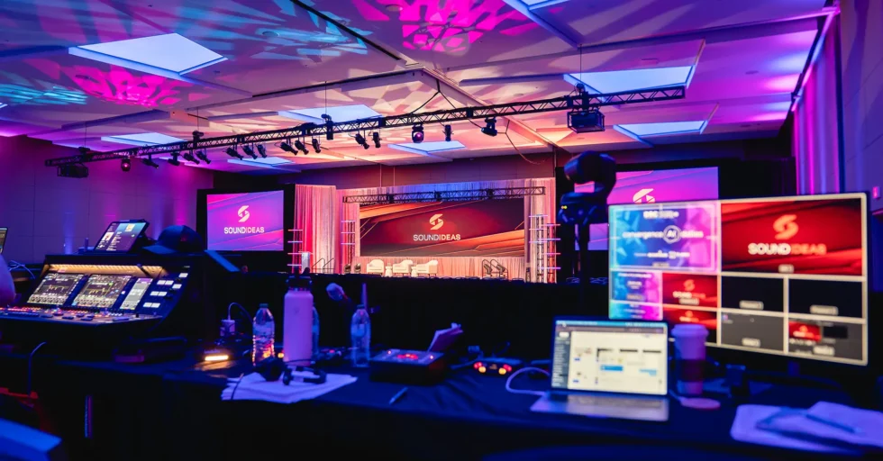 Production control room overseeing a corporate event stage setup by a Dallas AV production company for a conference and live event production.